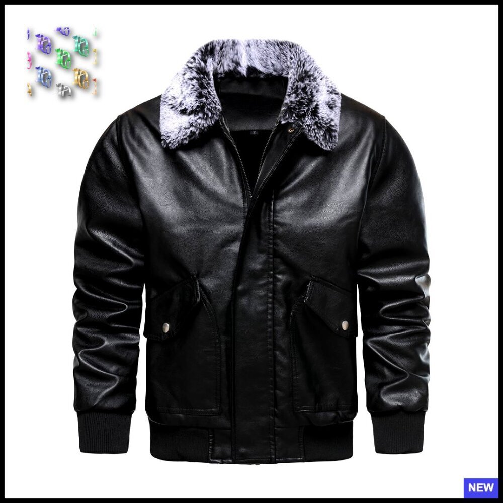Mens Faux Leather Bomber Jacket with Fur Collar Fleece Lined Winter Aviator